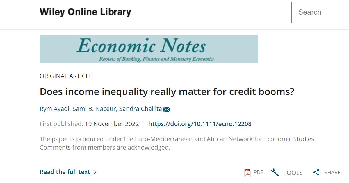 EMANES paper “Does income inequality really matter for credit booms?” published by the Economic Notes